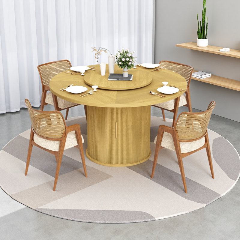 Table de salle à manger ronde de 55 pouces pour six personnes, comprenant un support de rangement à deux niveaux et un plateau de table rotatif. Portes coulissantes en bois à rayures ondulées