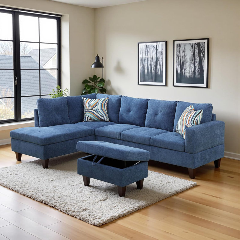 3-Piece Linen Sectional Sofa, Left Hand Facing, Blue