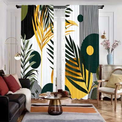 2Pcs de rideaux à feuilles tropicales abstraites, rideaux de fenêtre à motif géométrique bohème à motif géométrique moderne pour le salon, la cuisine de la chambre à coucher, la poche intérieure, le mur et les accessoires,