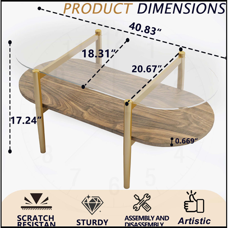 Oval Glass Coffee Table, Mid-Century Modern Design, L41 x W21 x H17 inch, for Living Room, 2-Tier Structure, Clear Glass Top and Walnut Finish Wood Shelf, Conical Legs with Gold Finish Frame