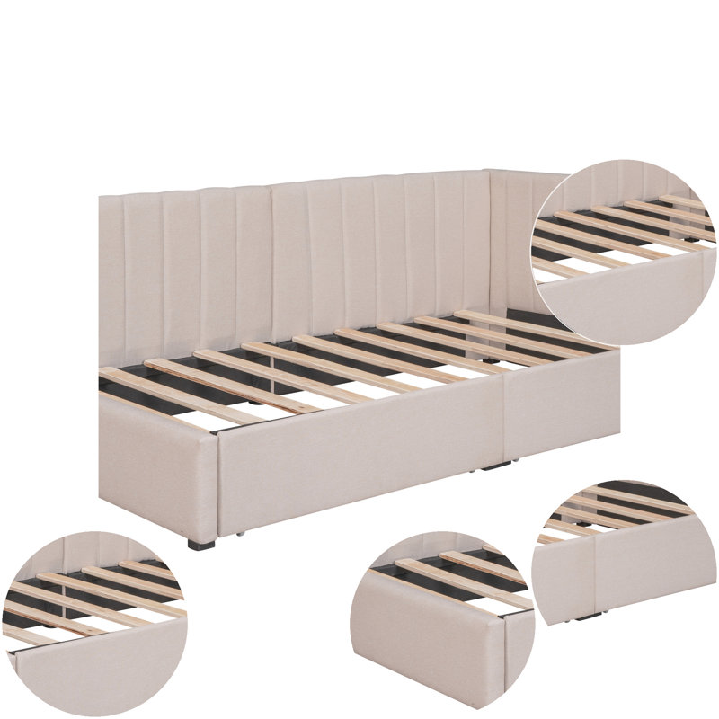 Lit de jour rembourré avec 2 tiroirs de rangement, base de lit pour la maison, Twin, Beige