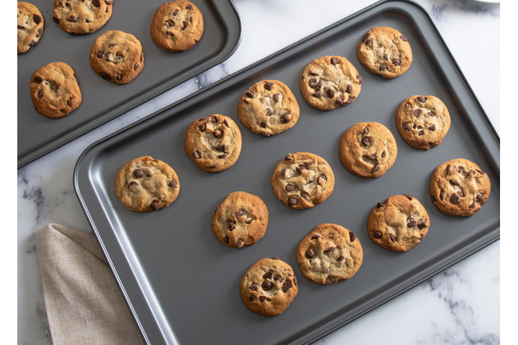 Baking sheet with chocolate chip cookies