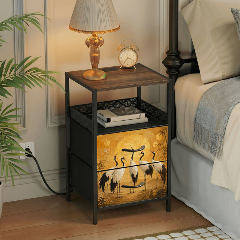 Table de chevet 2 tiroirs avec station de charge, table de chevet avec ports USB et amp; Outlets, tablette ouverte noire, table de chevet avec cinq élégantes grues, art japonais traditionnel, impression dorée