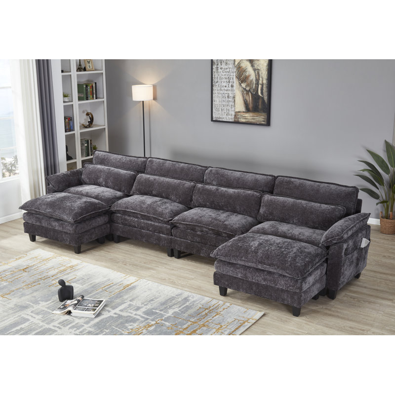 Asher U-Shape Sectional Sofa, 150.4" Wide Chenille  Sofa with USB, Black Chenille