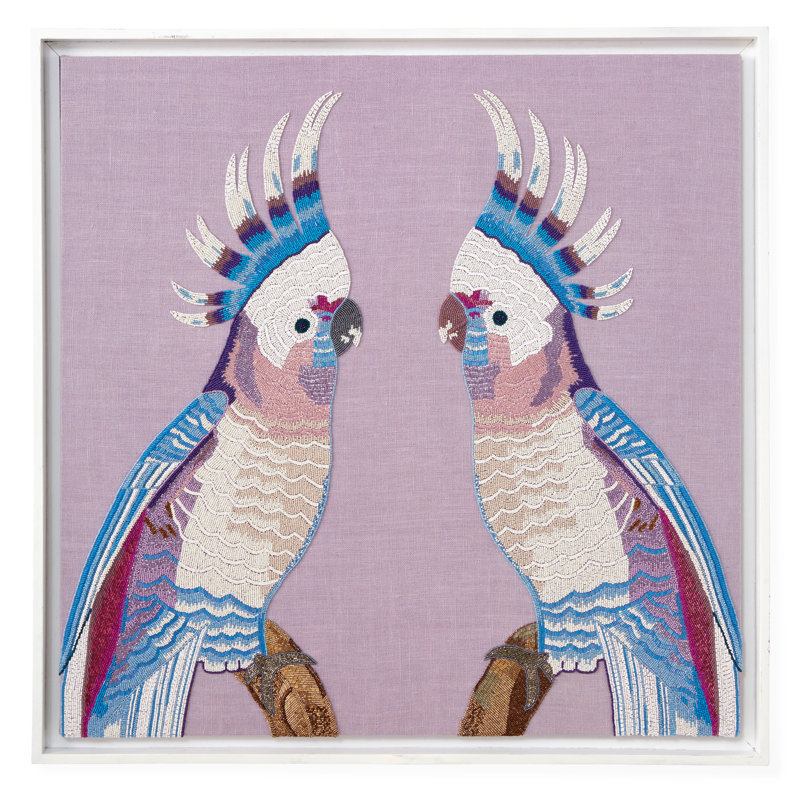 Hand-Beaded Parrots Wall Art in White Frame