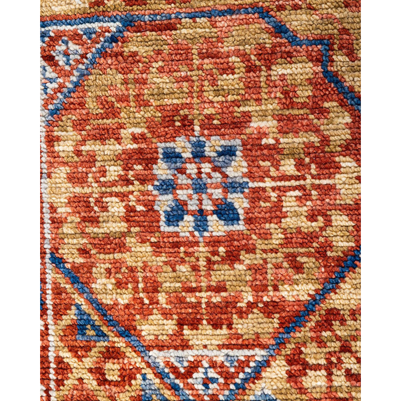 Rust and Blue Hand-Knotted Wool Rectangular Area Rug