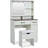 Farmhouse Makeup Vanity Desk with Mirror and Lights, 3 Lighting Modes, Vanity Set with Stool, Dressing Table with Adjustable Shelves,2 Drawers and Side Cabinet for Bedroom