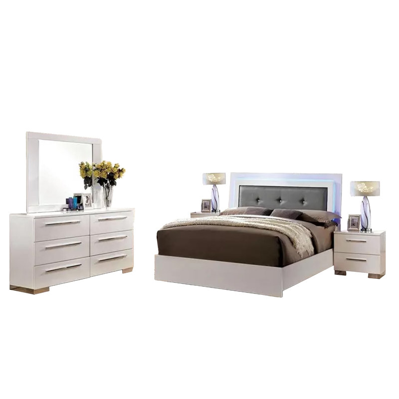 Ensemble de chambre pour grand lit 4 pièces Gely, capitonnage à boutons, DEL, blanc brillant, Chrome