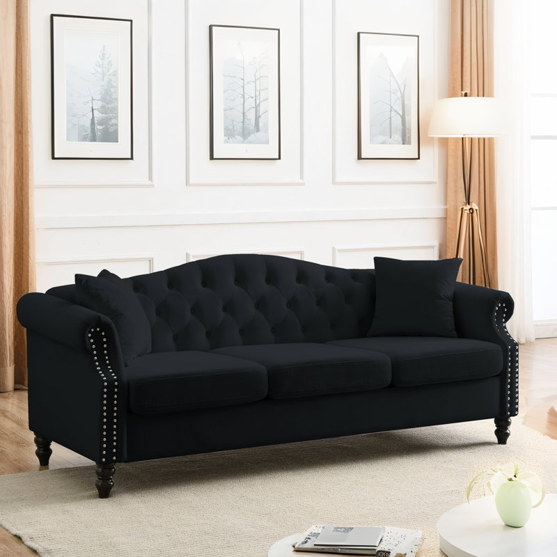 Canapé 2 places en velours avec accoudoirs et coussins roulés Gurnsey, H 32 po x l 79 po x P 30 po, Noir