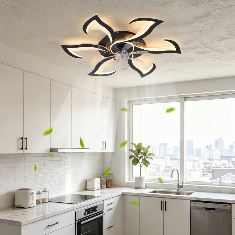 Ventilateur de plafond encastré moderne de 32 po avec lumière, ventilateur de conception à DEL à fleur noire avec télécommande et contrôle APP, ventilateur de plafond à profil bas à intensité variable avec 6 vitesses pour la chambre à coucher, la cuisine et le salon