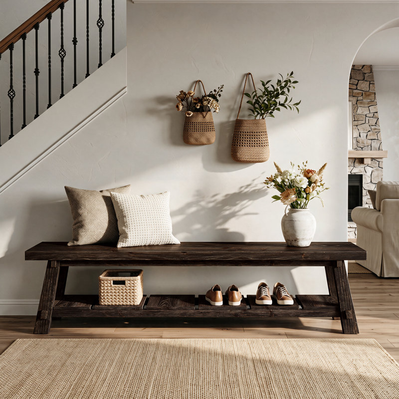 Banc de 71 pouces en bois massif avec rangement pour chaussures, très long siège de couloir noir pour 2-3 personnes, Noir