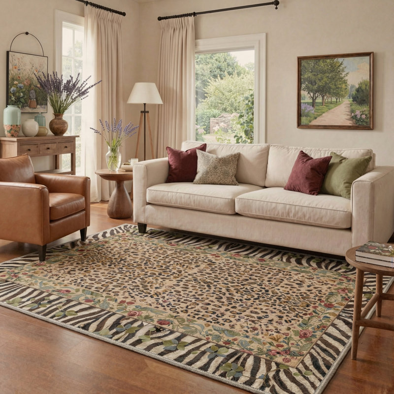 Alissa Liora Boho Leopard Floral Machine Washable Brown / Green / Beige Indoor Area Rug with Non-Slip Backing