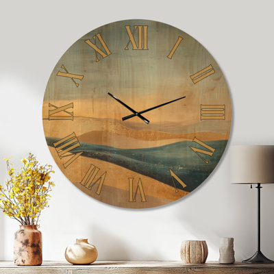 Golden Desert Dunes - Abstract Round Solid Wood Wall Clock