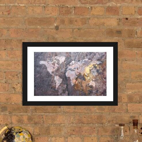 « world map on stone background », impression, H 24 po x l 32 po x P 1 po, Papier encadré noir