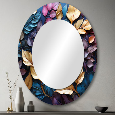 Or et feuilles dorées charmantes en hiver II - miroir à feuilles, miroir mural traditionnel unique, impression sur métal
