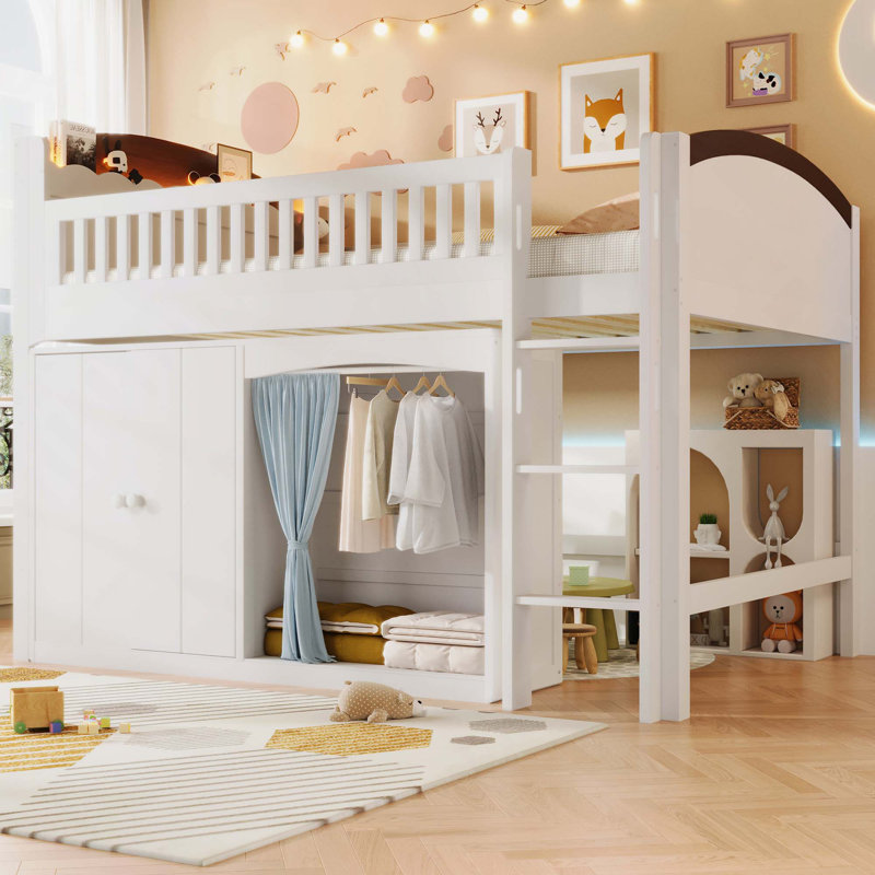 Lit mezzanine avec armoire de rangement, garde-robe et DEL, Twin, White