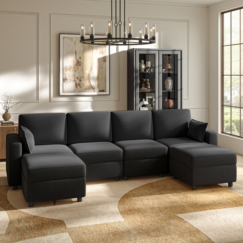 Catlin 6 - Piece Corduroy Modular Storage Sectional Sofa with Versatile Tray, Back Pillows & Organizer Bag, Charcoal