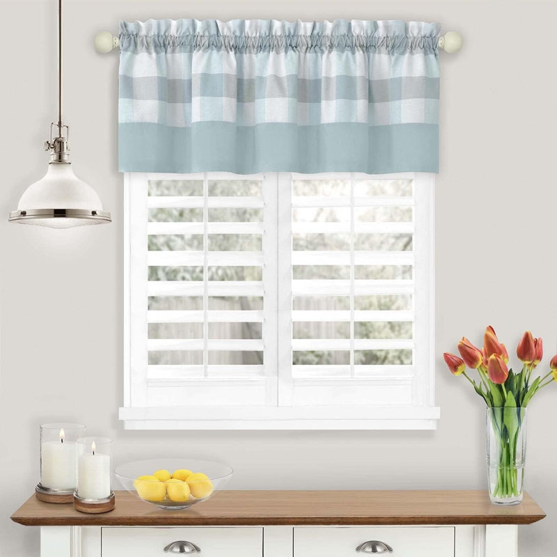  Country Farmhouse 3 Piece Plaid Cafe Kitchen Curtain Tier & Valance Set - Assorted Colors & Sizes, 24 in. Long, Blue