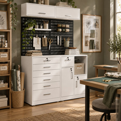 78.7" Lockable Storage Cabinet with Pegboard, Drawers & Upper Cabinets