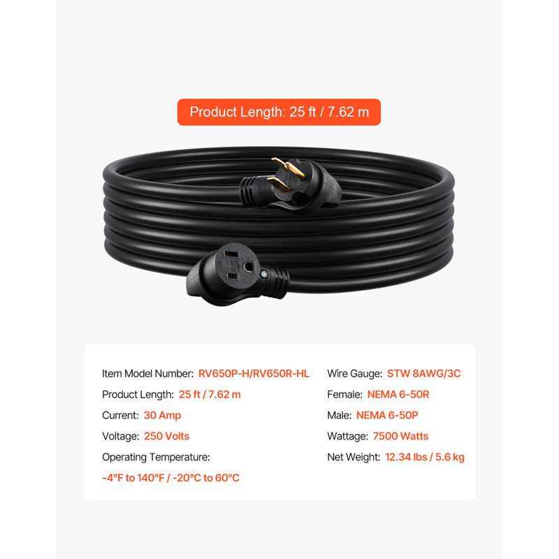 30A Generator Extension Cord 250V NEMA 6-50P to 6-50R 7500W Power Cable, 300" W