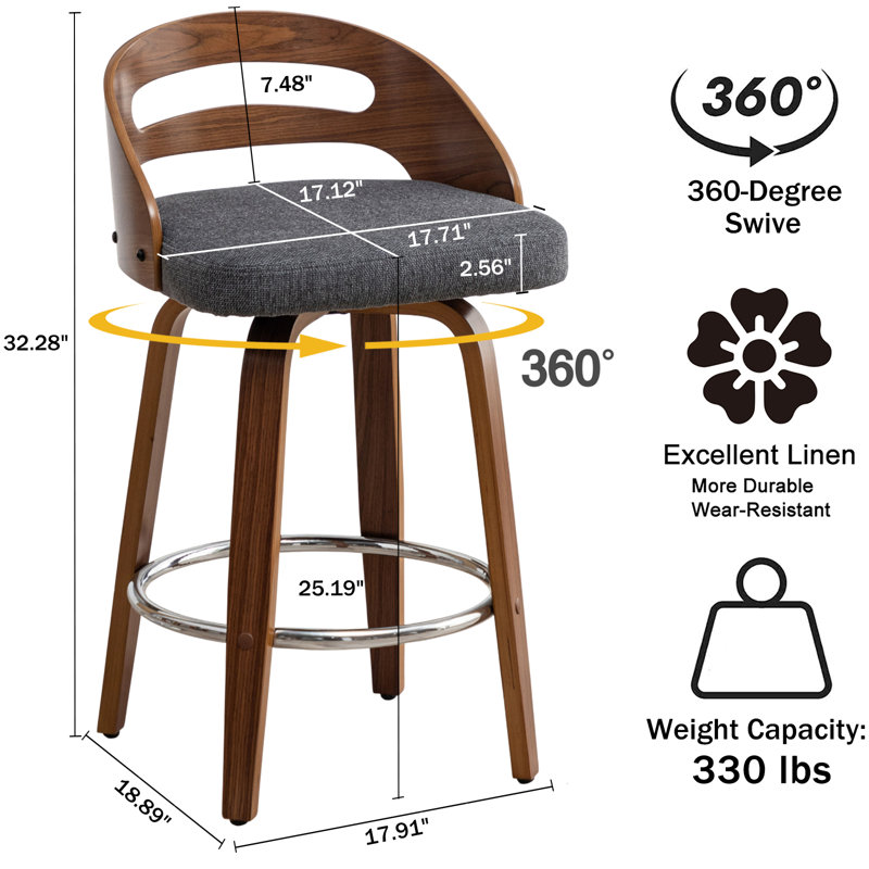 Ensemble de 4 tabourets de comptoir pivotants rembourrés Mahtab, Gris, Tabouret de comptoir (siège d'une hauteur de 25,1