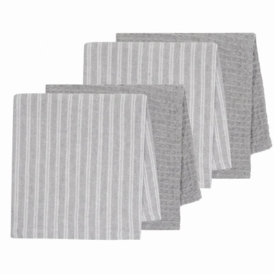 Ensemble de 4 torchons de cuisine tissés CENA, en coton gaufré absorbant et rayé, 33 x 33 cm, gris argenté