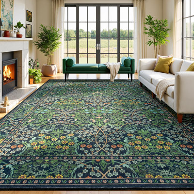 8'X10' Distressed Retro Vintage Forest Washable Rug Green