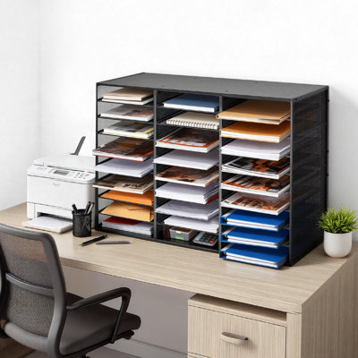 Literature Organizer, 27 Compartments Metal Office Mailbox with Detachable Wire Mesh, Mailbox Sorter with Wooden Top, Countertop Office Home Storage Organizer for File, Document, Paper, Black