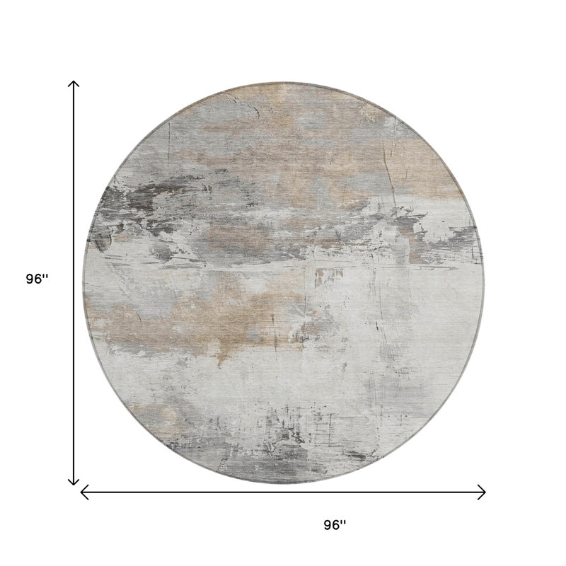 Tapis intérieur rond lavable abstrait ivoire et gris 8 pi