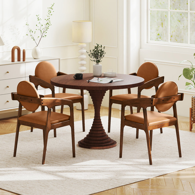 Wooden Dining Chair Set of 2 w/Rubber Wood Frame Padded Seat & Back Armrests, 2