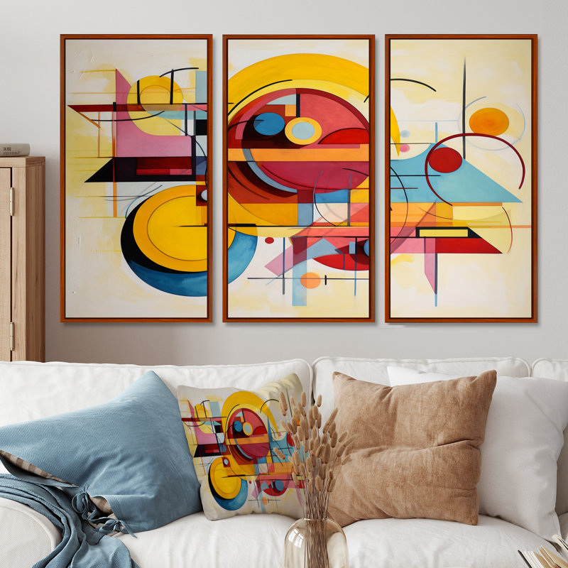 Jaune coucher de soleil déconstruit - ensemble d'art mural géométrique, Cadre flottant brun, H 32 po x l 48 po x P 1 po