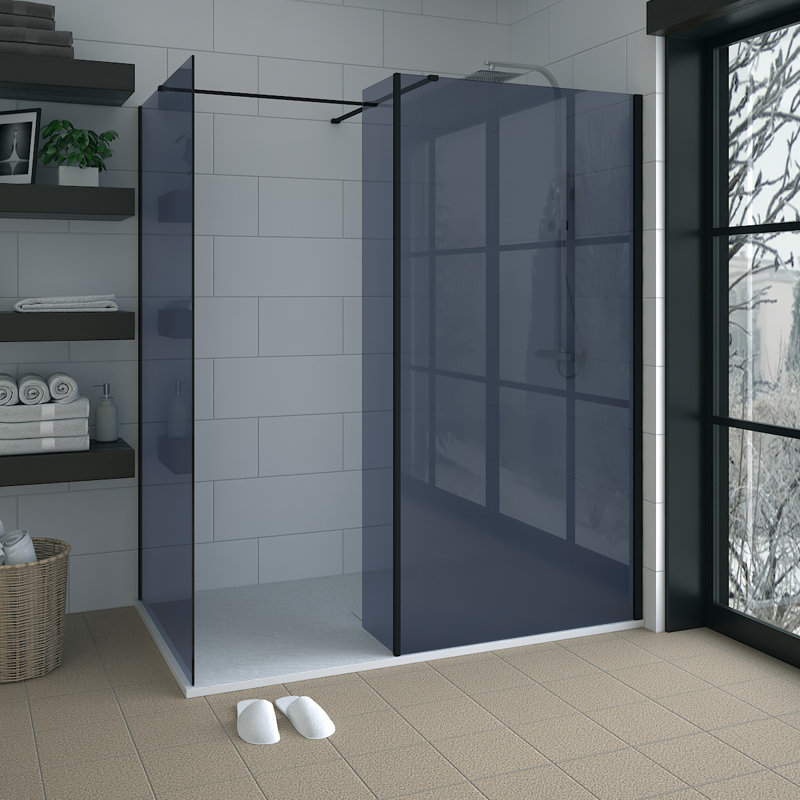 Black Walk In Shower Enclosure Wet Room Grey Glass Screen 1100mm & 760mm with 300mm Return Panel
