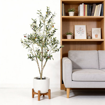 Olive artificielle 5 pi avec grand pot à fleurs blanc