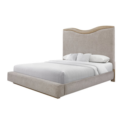 Très grand lit tapissier avec une silhouette discrète et une élégante tête de lit incurvée, entièrement encadré, d'une largeur de 86,03 po, d'une profondeur de 102,09, d'une hauteur de 67,83, d'un poids de 274,11 lb