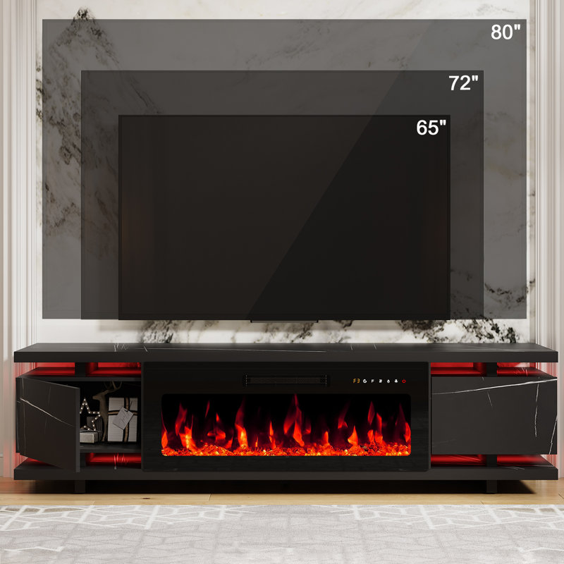 69"Media Console For TVs Up To 80" With Electric Fireplace, Large TV Stand with Led Light, Black Marble