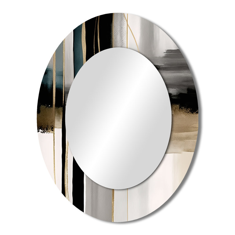 Abstrait géométrique géométrique noir et or III - Miroir décoratif abstrait ovale sur métal, 43 po x 33 po