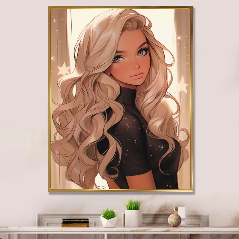 «Gorgeous Blonde Woman Portrait I» - Décoration murale tendance, H 32 po x l 16 po x P 1 po, Cadre flottant doré