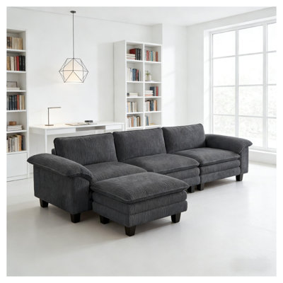 Luxury L-Shaped Sectional Sofa with Pocket Springs and Corduroy Upholstery, Dark Gray Conversation Couch