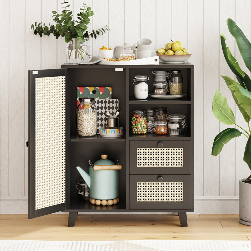 Buffet en rotin avec tablette réglable, Black