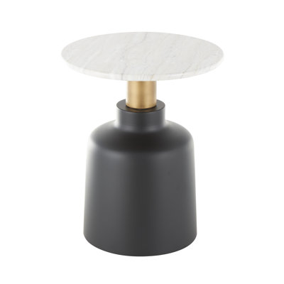 Yaretsy Metal Pedestal Side End Black Accent Table with Faux White Marble Top