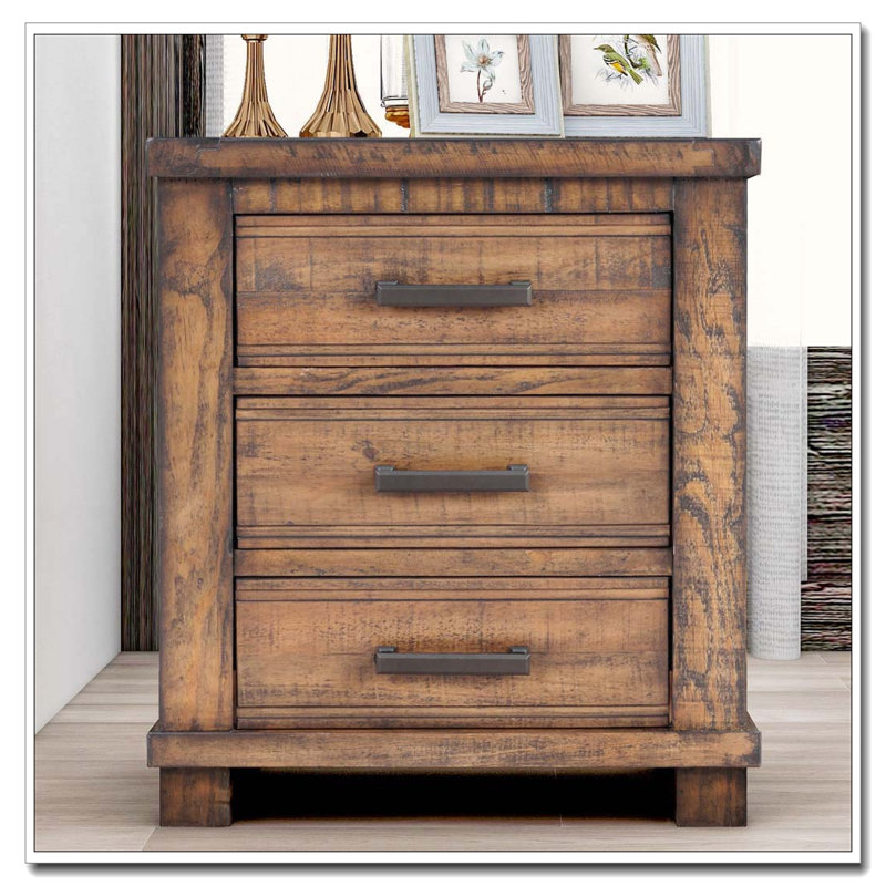 Rustic Three Drawer Reclaimed Solid Wood Nightstand