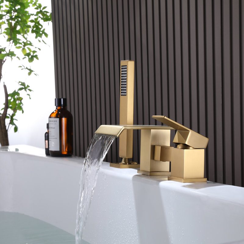Solid Brass Deck Mounted Waterfall Roman Tub Filler with Hand Shower, Brushed Gold