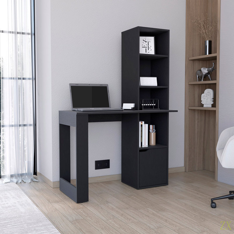 Bureau d'ordinateur Iowa avec 1 armoire et bibliothèque à 4 niveaux, Noir