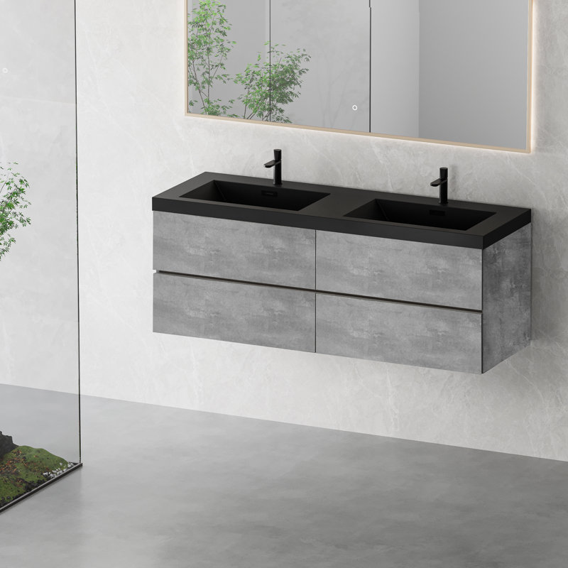 24"-72" Floating Single/ Double Bathroom Vanity Wall-Mounted Vanity with Integrated Quartz Top, 1/2 Basins, 2/4 Soft Close Drawers
