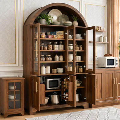 Garde-manger arqué de 73 po de hauteur, armoire de ferme arquée avec trois portes en verre, armoire de rangement de cuisine avec tablettes de porte et tablettes réglables, grande armoire de salle à manger, salle de bain, noyer