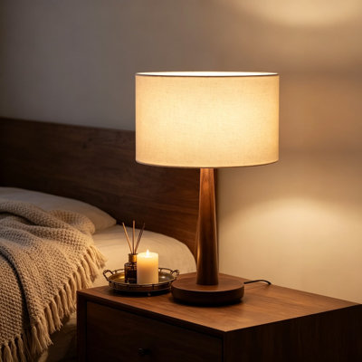 Lampe de table à intensité variable avec base en bois de noyer naturel et abat-jour en lin beige, lampe de table de chevet de 18,3 pouces pour le salon, la chambre à coucher et le bureau