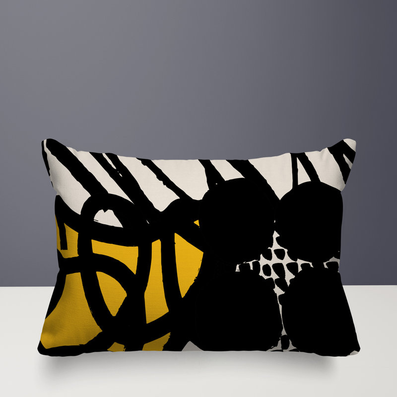 Coussin rectangulaire intérieur / extérieur Aloe, Jaune / noir / blanc cassé, H 14 po x l 20 po