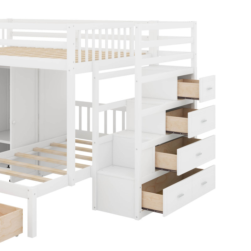 Lit superposé double au-dessus de simple avec garde-robe et tiroirs, Blanc
