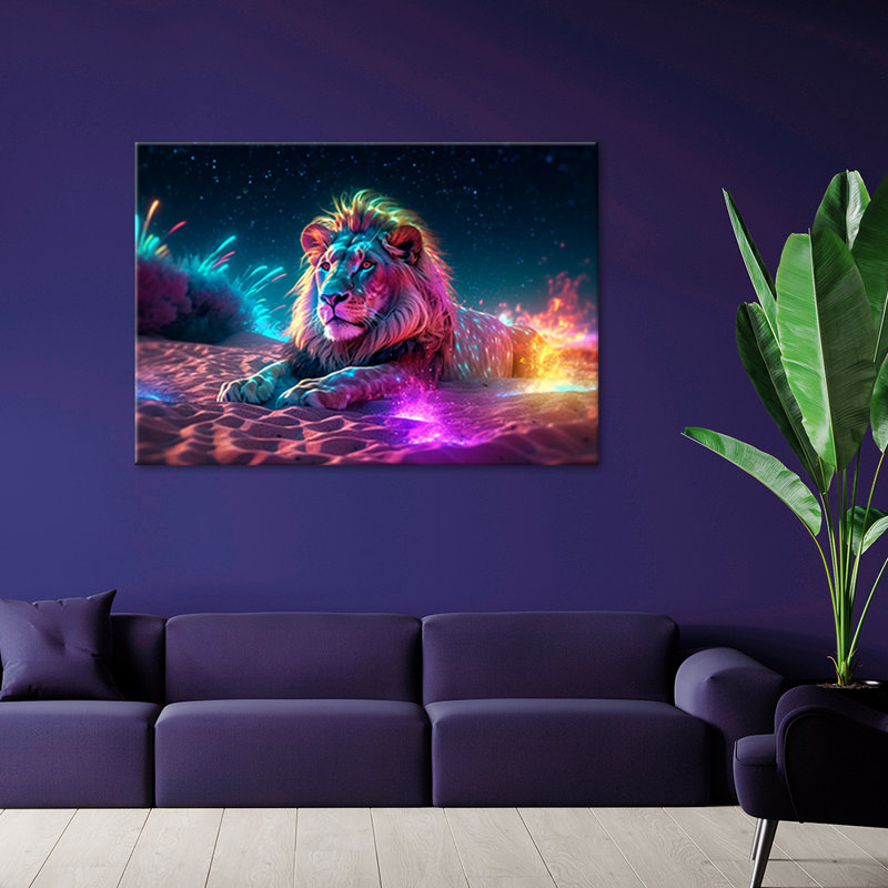 Picture, Neon Lion, Nature, Abstraction - No Frame Print on Canvas, 70cm H x 100cm W