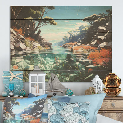 Corail et anémone, «Coastal Coral Under Water», art mural sur bois de pin naturel